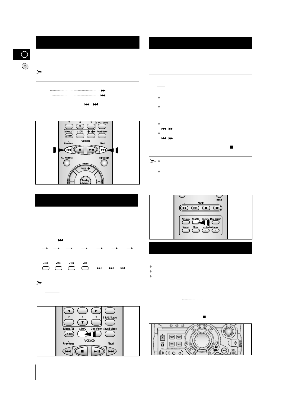 Searching for a specific music passage on a cd, Function to skip through 10 tracks at a time, Shuffle play function | Repeating one or all tracks on the compact discs | Samsung AH68-01145B User Manual | Page 14 / 29