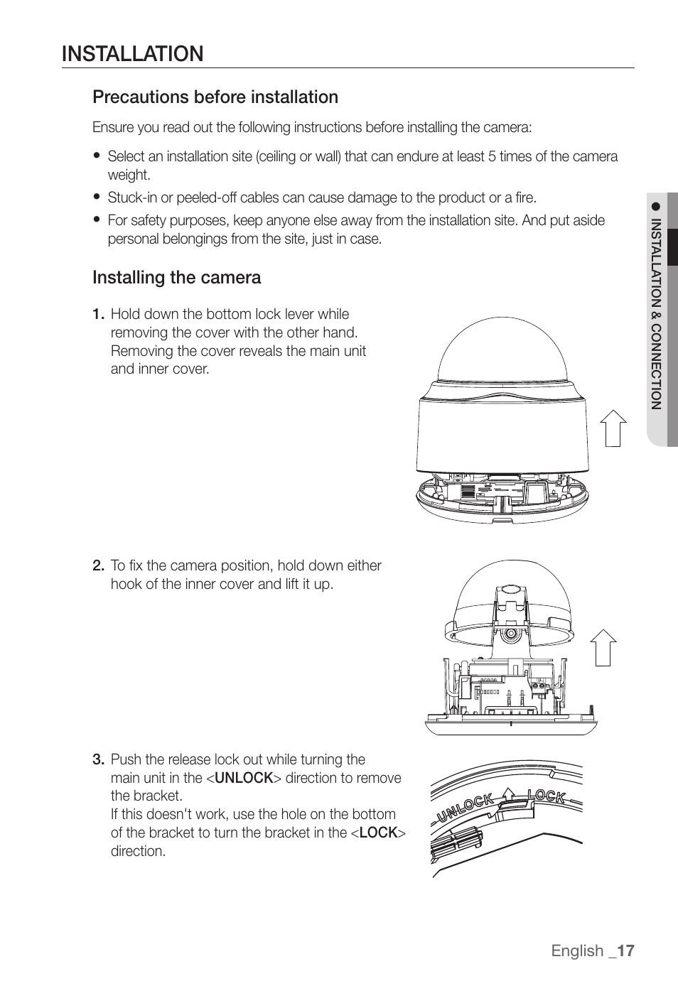 Installation, Precautions before installation, Installing the camera | Samsung SNC-B5368P User Manual | Page 17 / 105