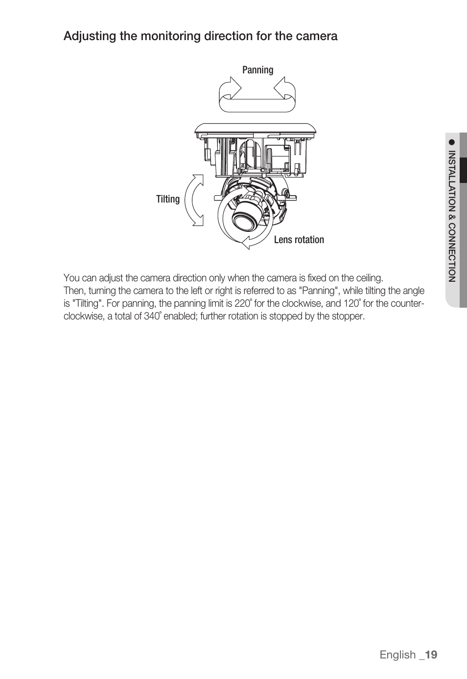 Adjusting the monitoring direction for the camera | Samsung SNC-B5368P User Manual | Page 19 / 105