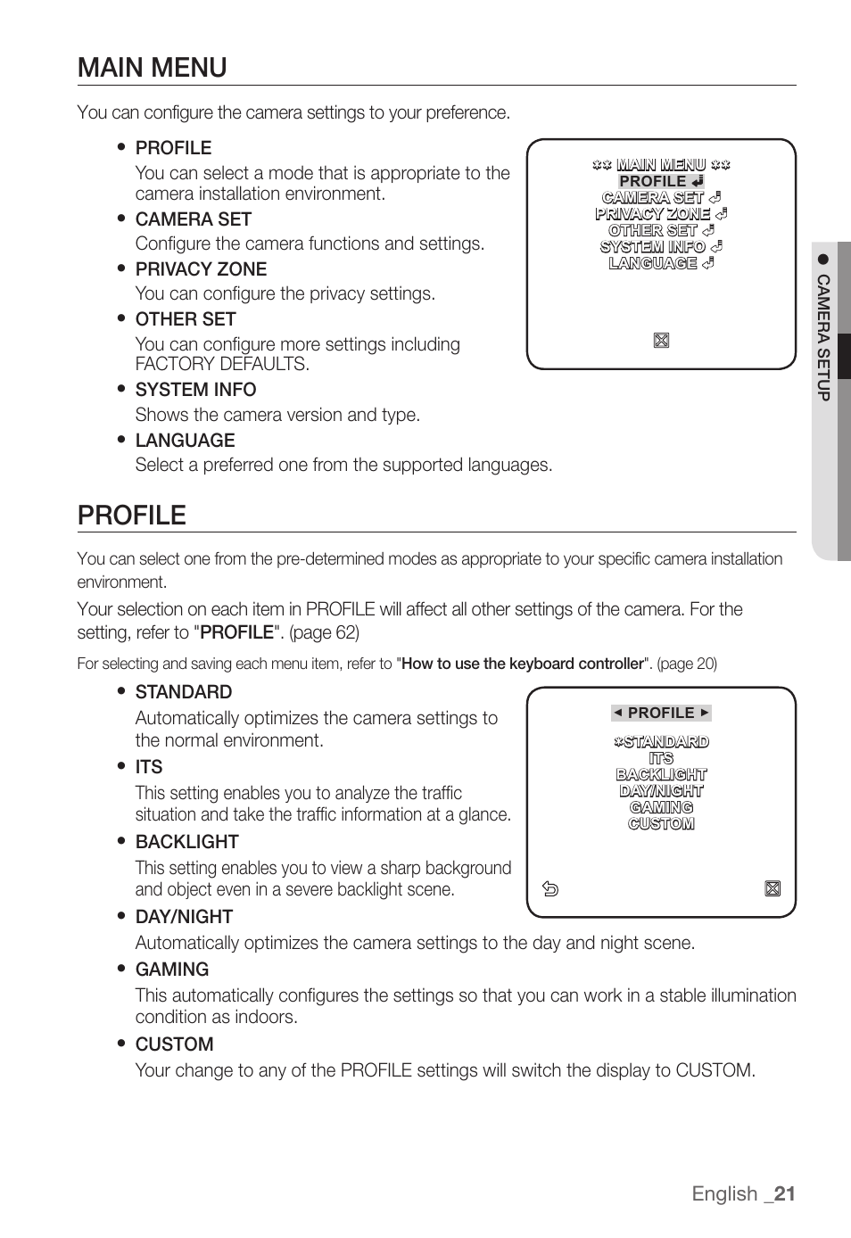 Main menu, Profile, English _21 | Samsung SNC-B5368P User Manual | Page 21 / 105