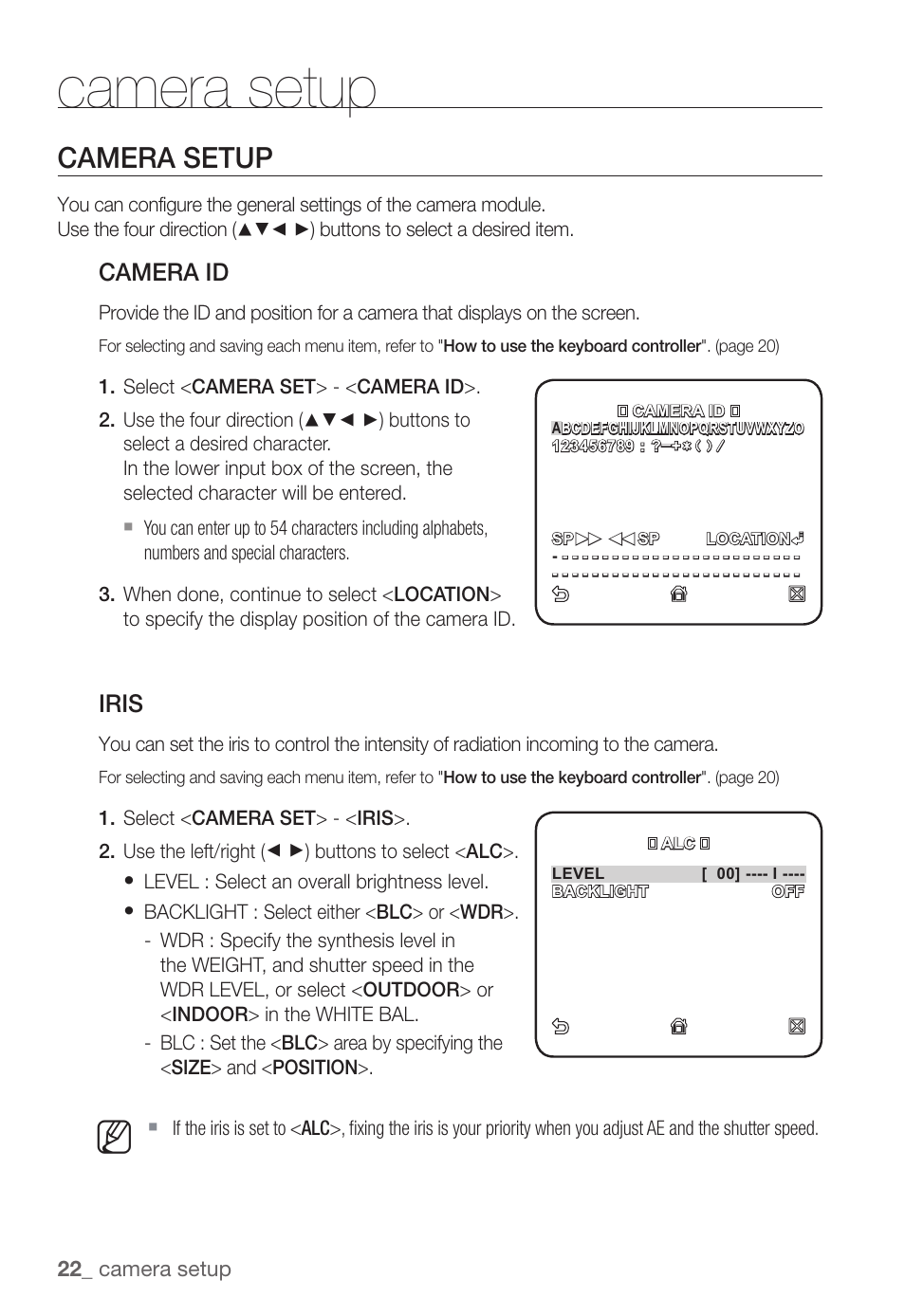 Camera setup, Camera id, Iris | Samsung SNC-B5368P User Manual | Page 22 / 105