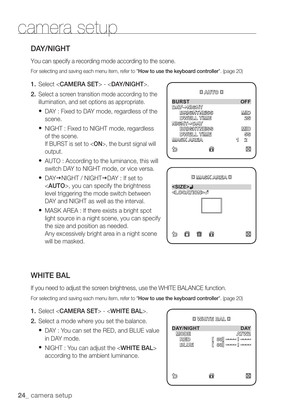 Camera setup, Day/night, White bal | 24_ camera setup | Samsung SNC-B5368P User Manual | Page 24 / 105