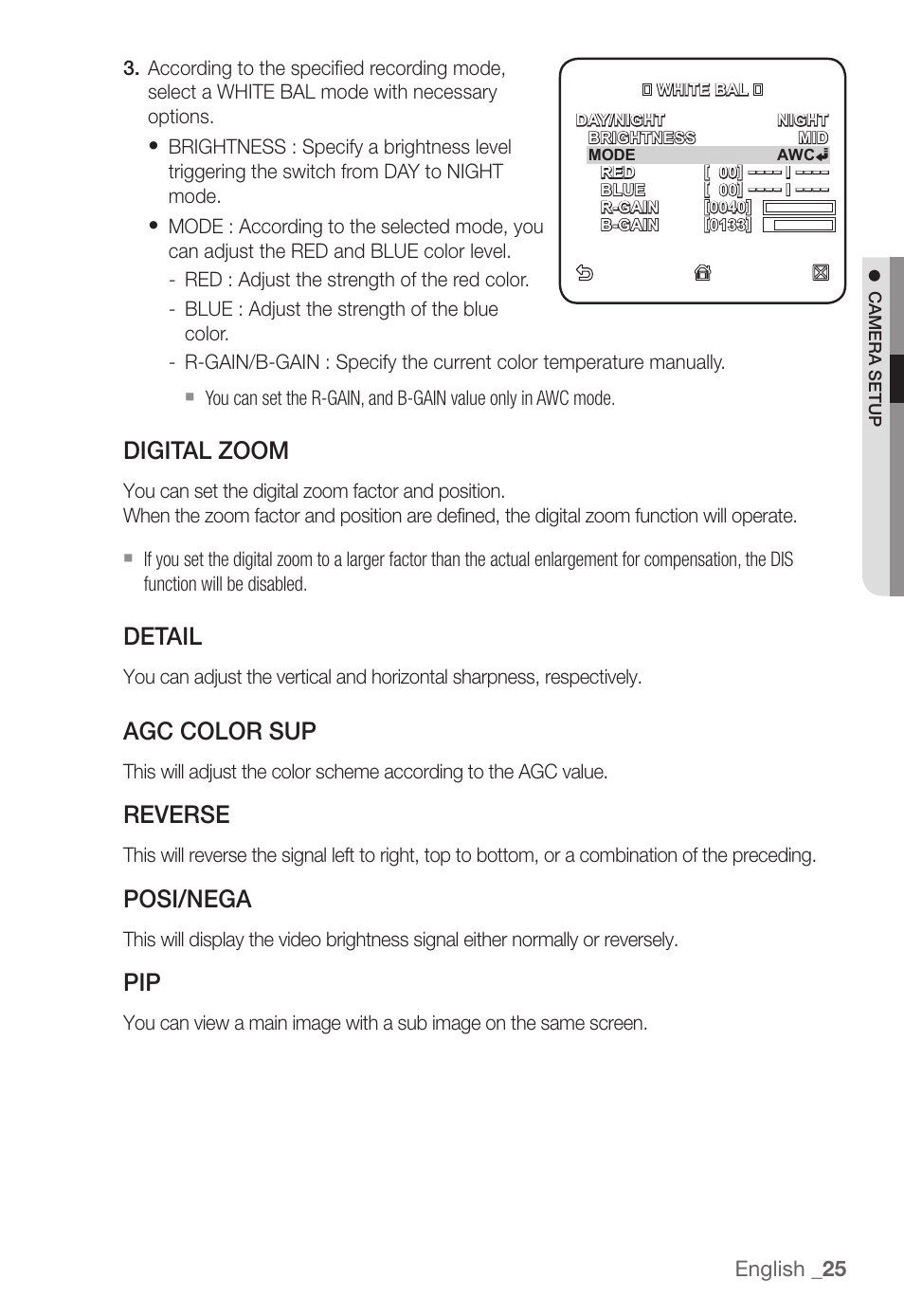 Digital zoom, Detail, Agc color sup | Reverse, Posi/nega, English _25 | Samsung SNC-B5368P User Manual | Page 25 / 105