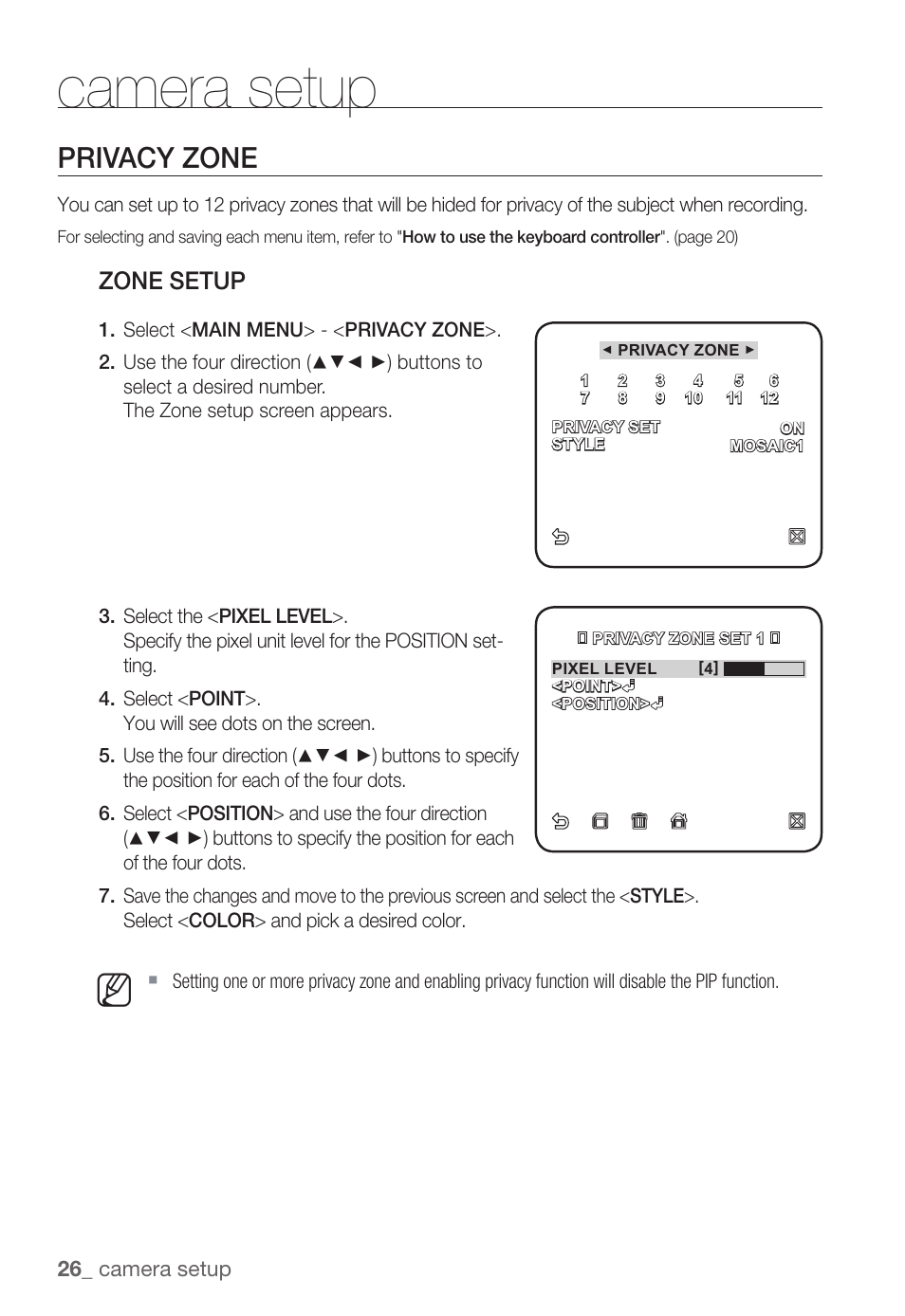 Camera setup, Privacy zone, Zone setup | Samsung SNC-B5368P User Manual | Page 26 / 105