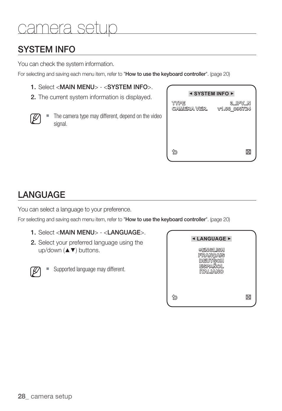 Camera setup, System info, Language | Samsung SNC-B5368P User Manual | Page 28 / 105