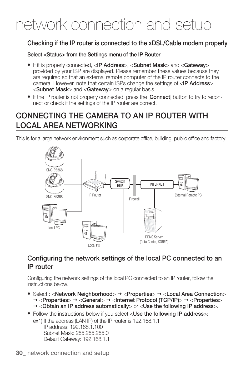 Network connection and setup | Samsung SNC-B5368P User Manual | Page 30 / 105