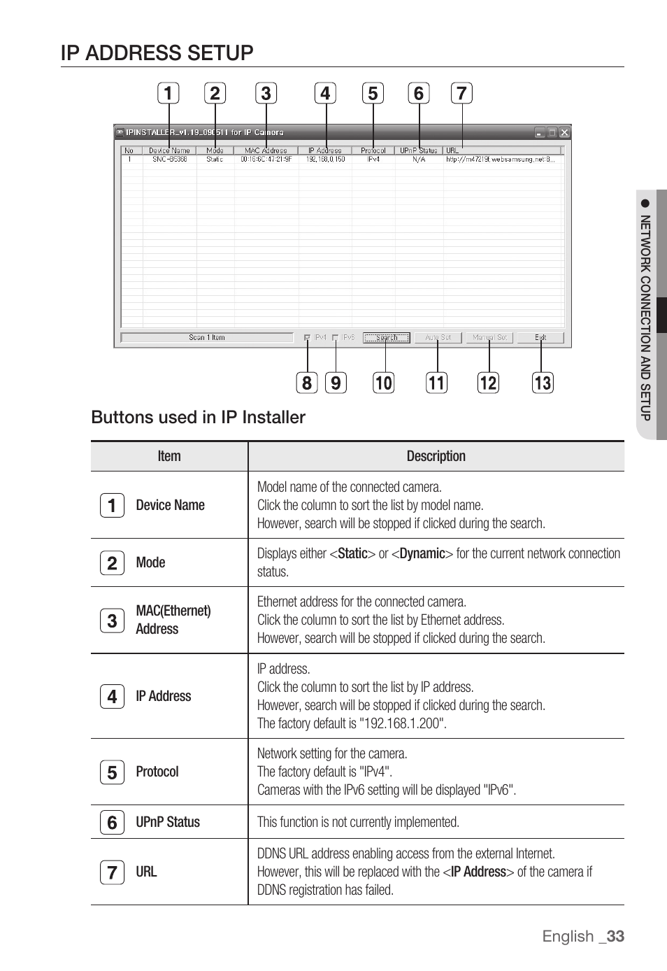 Ip address setup, Buttons used in ip installer | Samsung SNC-B5368P User Manual | Page 33 / 105