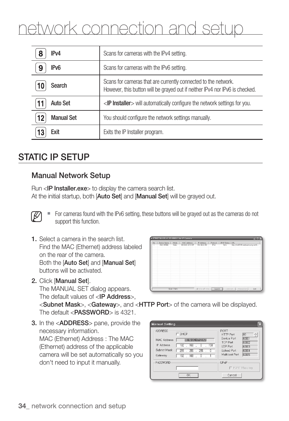 Network connection and setup, Static ip setup | Samsung SNC-B5368P User Manual | Page 34 / 105