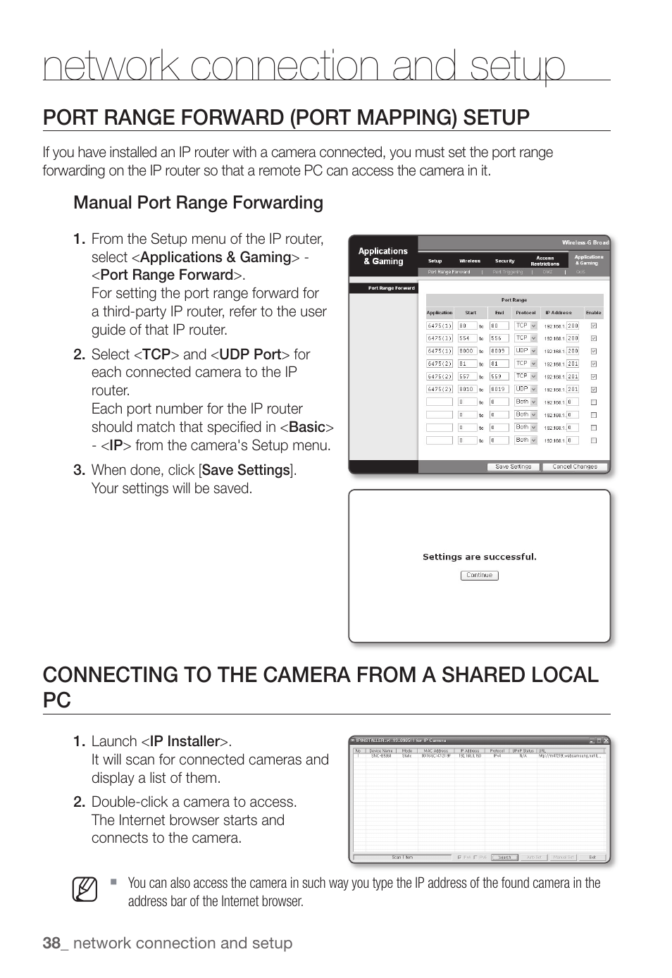Network connection and setup, Port range forward (port mapping) setup, Connecting to the camera from a shared local pc | Samsung SNC-B5368P User Manual | Page 38 / 105