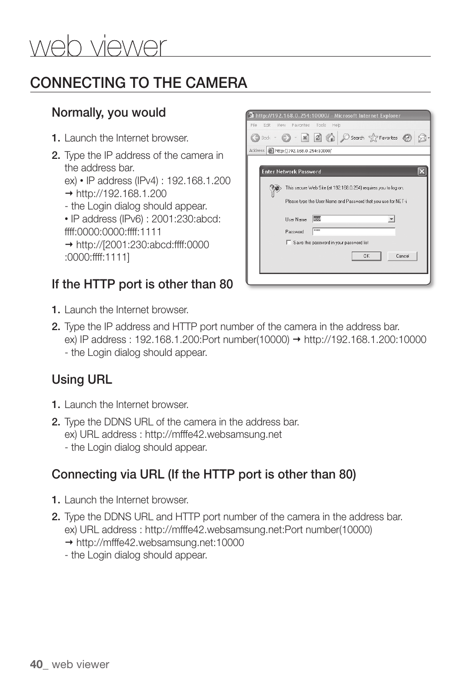 Web viewer, Connecting to the camera | Samsung SNC-B5368P User Manual | Page 40 / 105