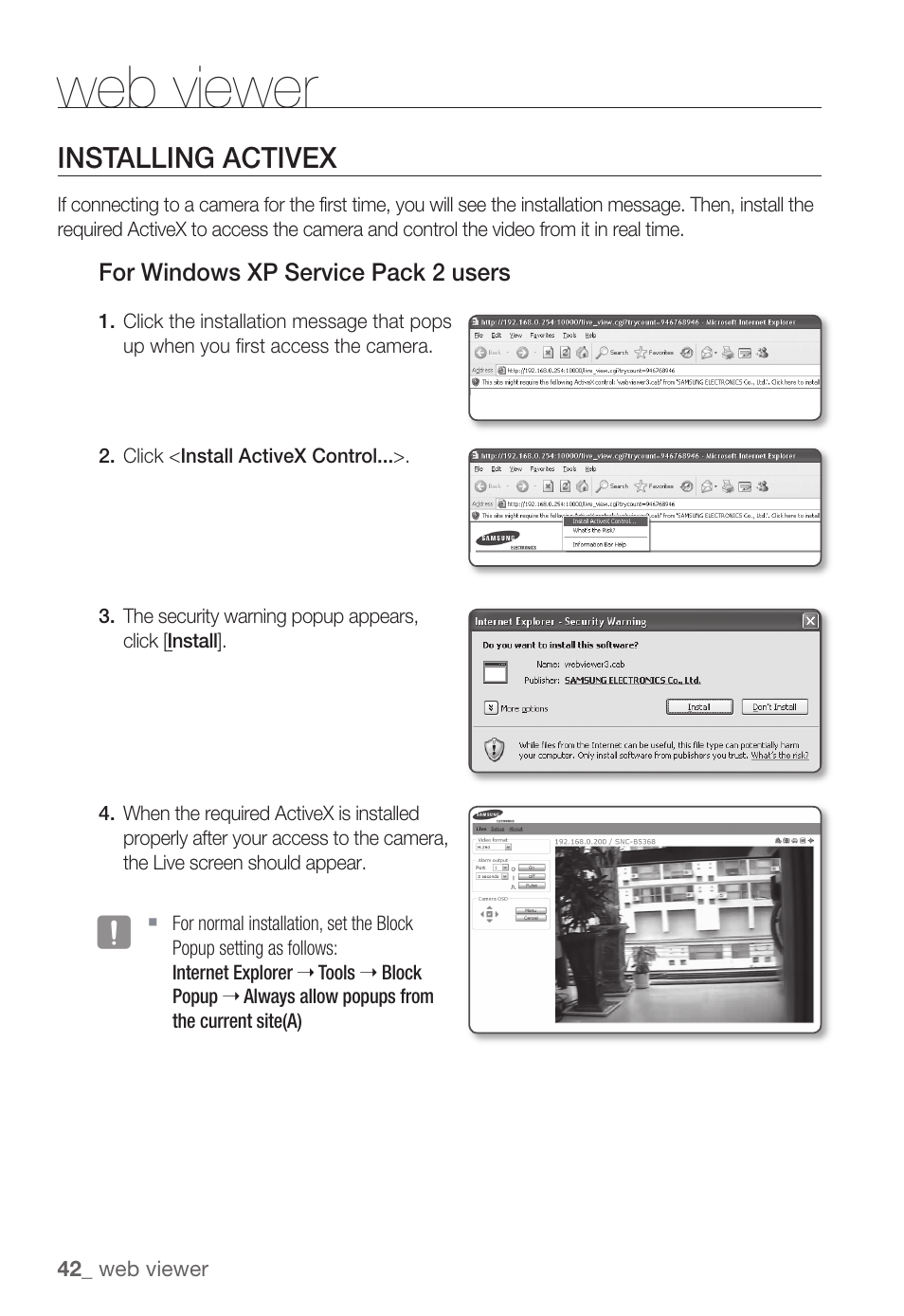 Web viewer, Installing activex | Samsung SNC-B5368P User Manual | Page 42 / 105
