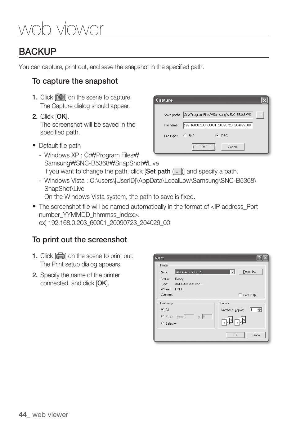 Web viewer, Backup | Samsung SNC-B5368P User Manual | Page 44 / 105