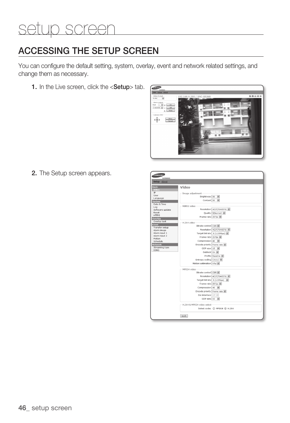 Setup screen | Samsung SNC-B5368P User Manual | Page 46 / 105