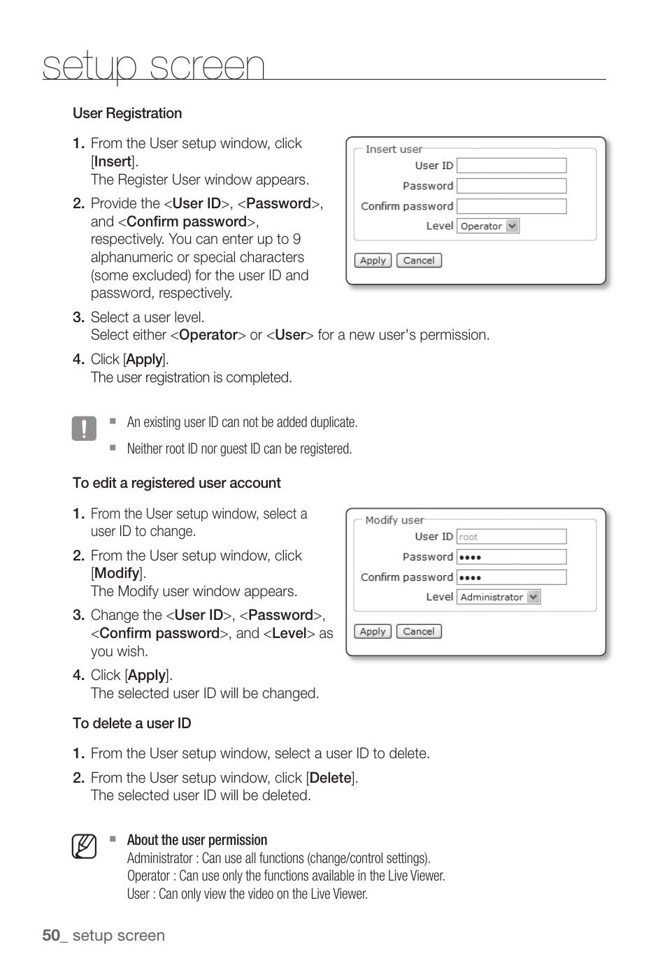 Setup screen | Samsung SNC-B5368P User Manual | Page 50 / 105