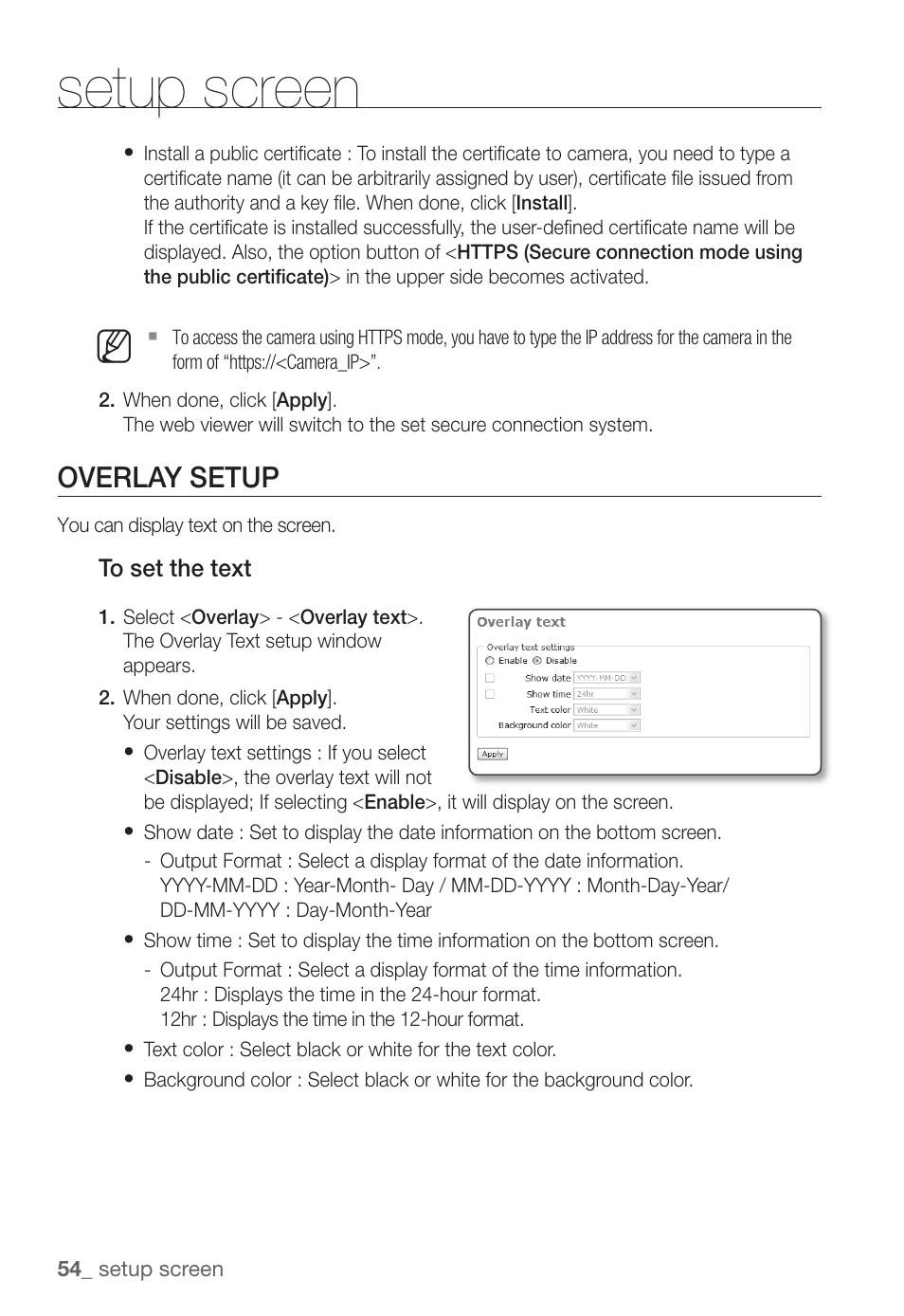 Setup screen, Overlay setup | Samsung SNC-B5368P User Manual | Page 54 / 105