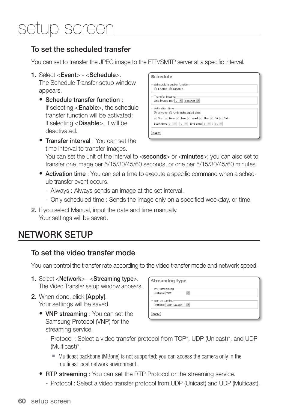 Setup screen, Network setup | Samsung SNC-B5368P User Manual | Page 60 / 105