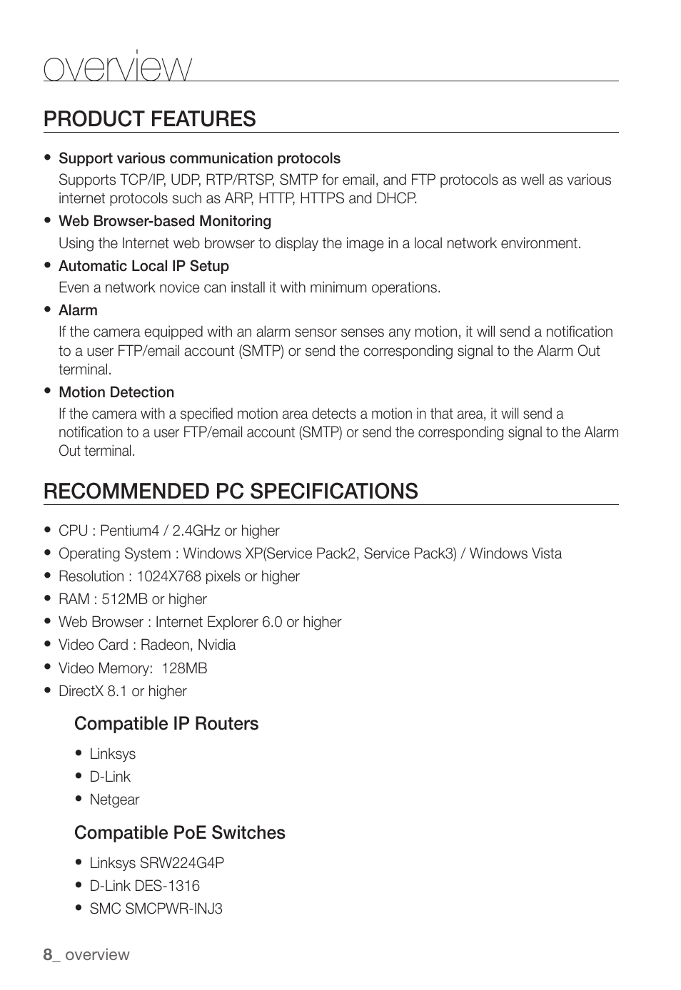 Overview, Product features, Recommended pc specifications | Samsung SNC-B5368P User Manual | Page 8 / 105