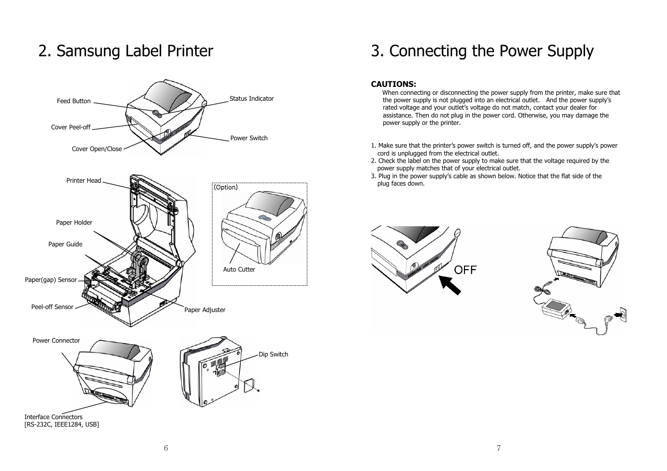 Samsung label printer, Connecting the power supply | Samsung SRP-770II User Manual | Page 4 / 19