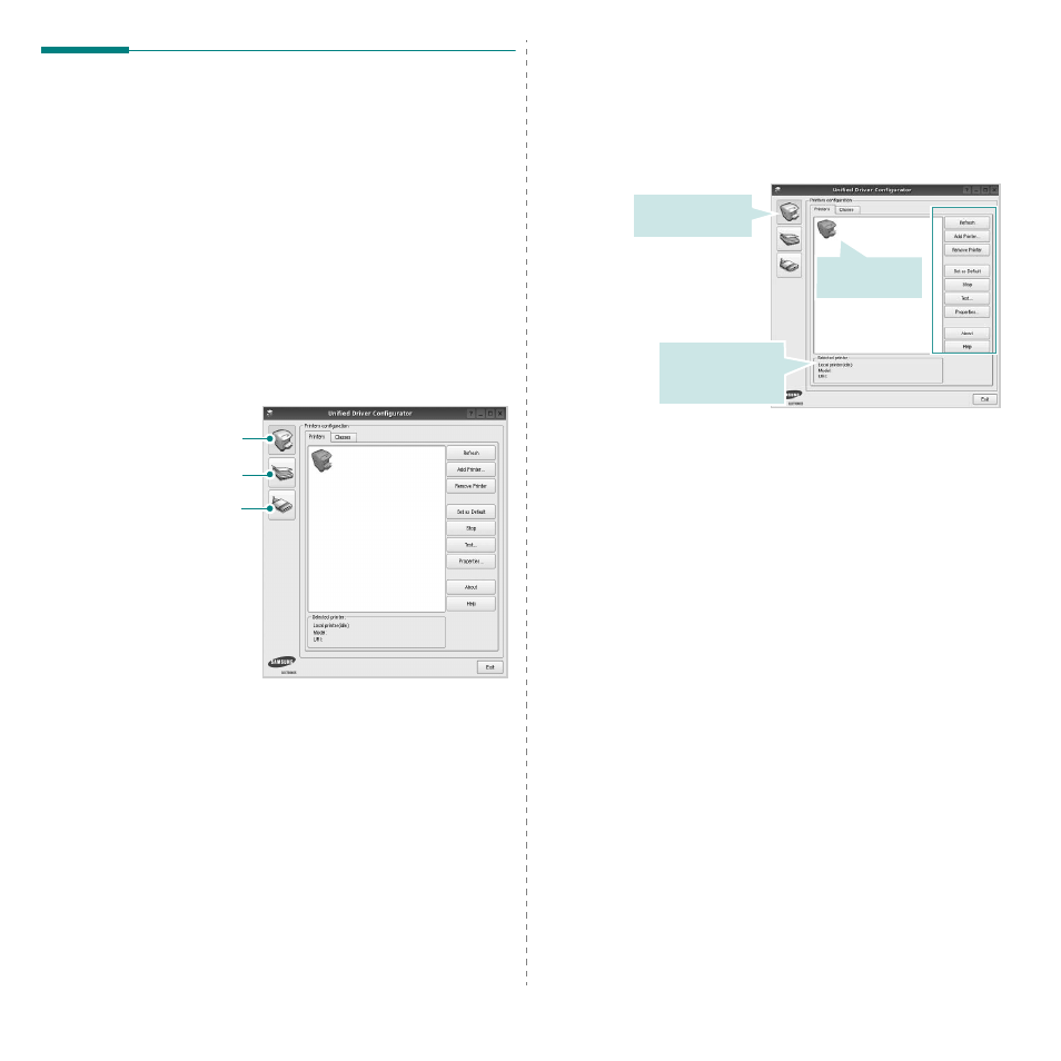 Using the unified driver configurator, Opening the unified driver configurator, Printers configuration | Samsung ML-4050ND User Manual | Page 100 / 110