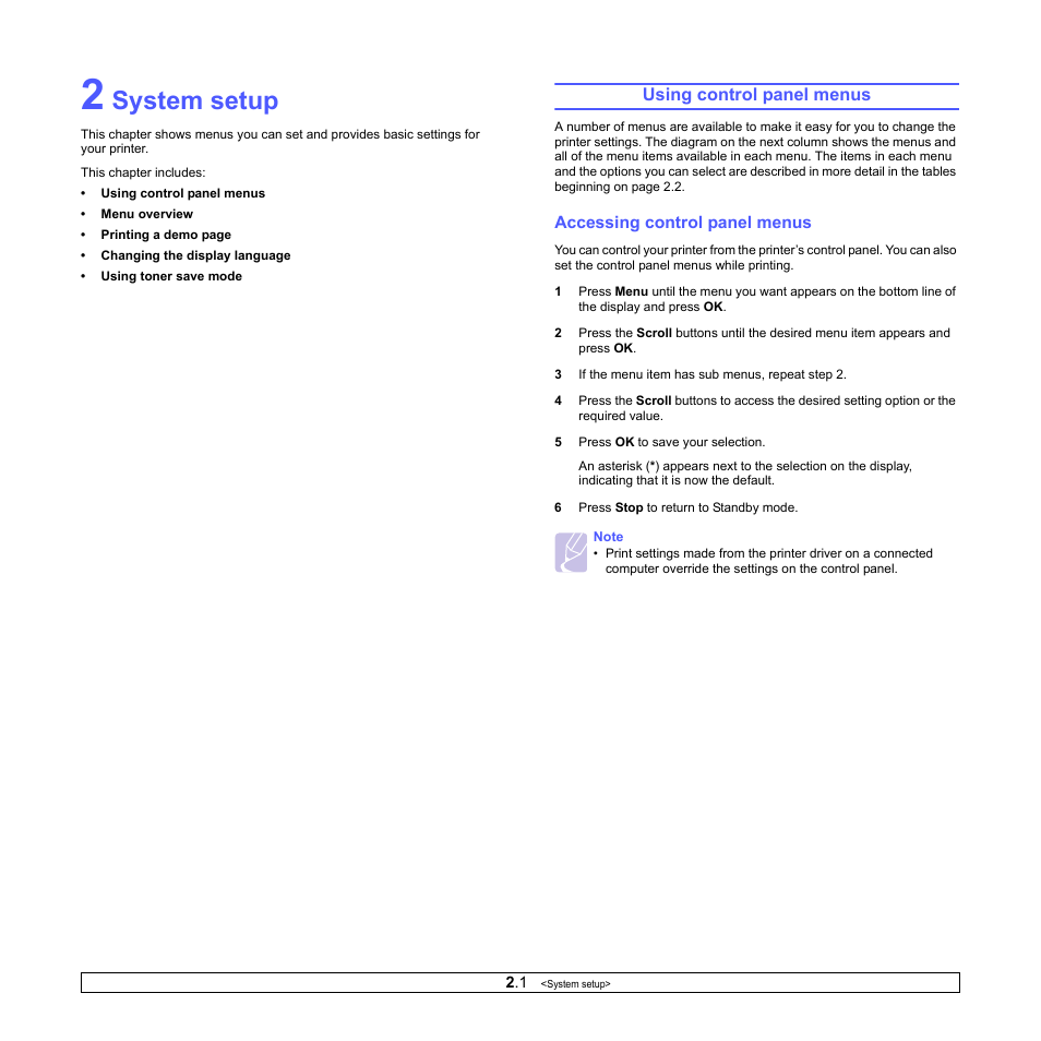 System setup, Using control panel menus, Accessing control panel menus | Samsung ML-4050ND User Manual | Page 15 / 110