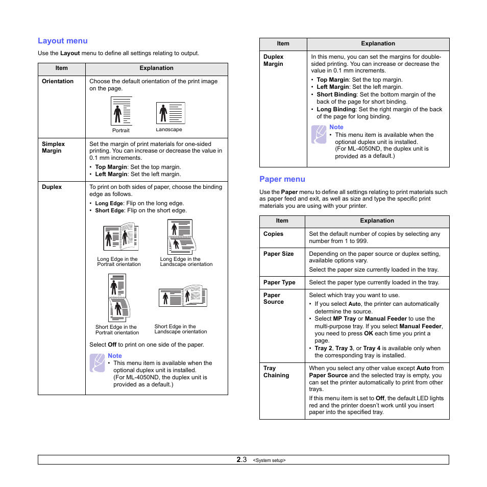 Layout menu, Paper menu | Samsung ML-4050ND User Manual | Page 17 / 110