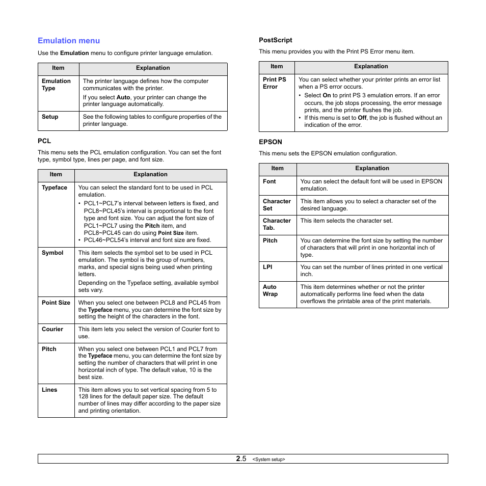 Emulation menu | Samsung ML-4050ND User Manual | Page 19 / 110
