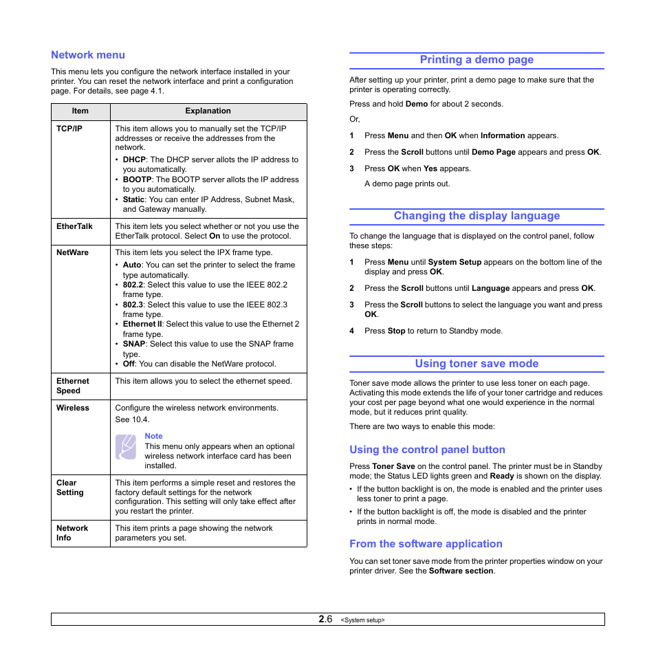 Network menu, Changing the display language, Using toner save mode | Using the control panel button, From the software application, Age 2.6.), Printing a demo page | Samsung ML-4050ND User Manual | Page 20 / 110