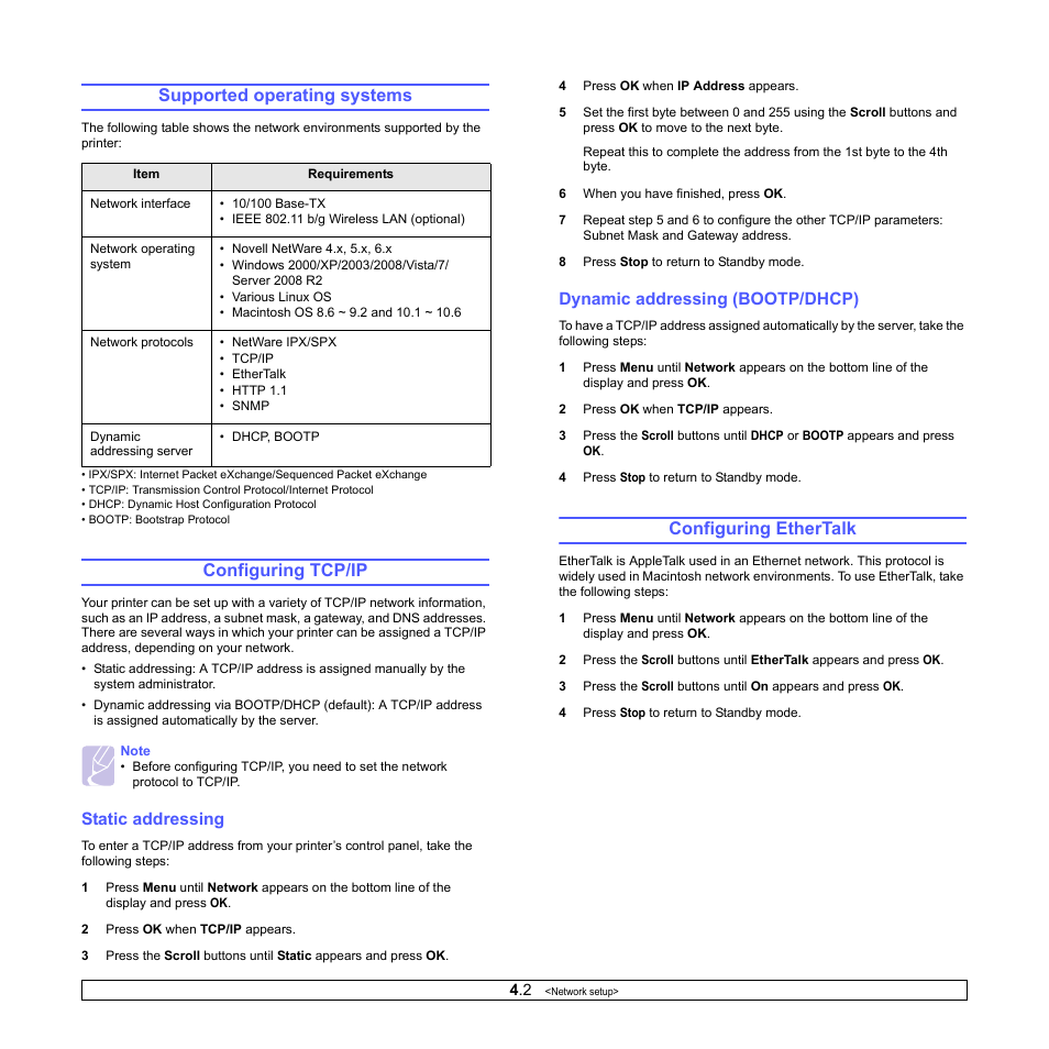 Supported operating systems, Configuring tcp/ip, Static addressing | Dynamic addressing (bootp/dhcp), Configuring ethertalk | Samsung ML-4050ND User Manual | Page 25 / 110