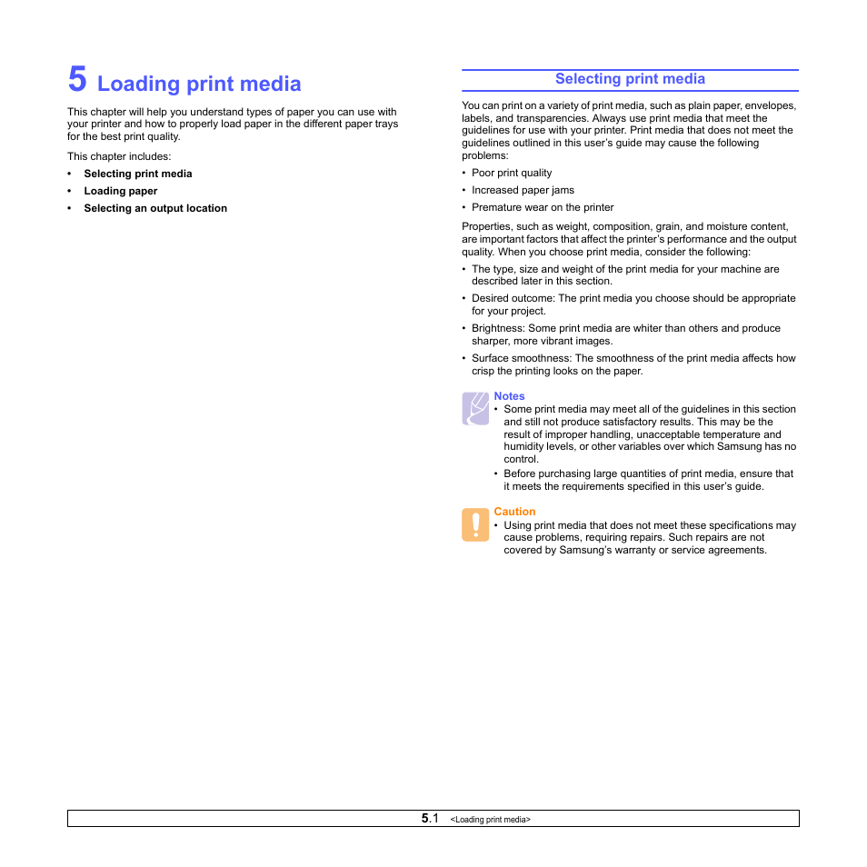 Loading print media, Selecting print media | Samsung ML-4050ND User Manual | Page 27 / 110