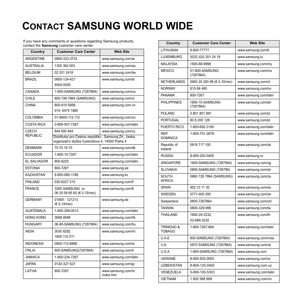 Samsung world wide, Ontact | Samsung ML-4050ND User Manual | Page 3 / 110