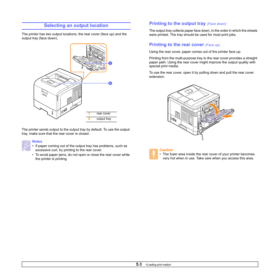 Selecting an output location, Printing to the output tray (face down), Printing to the rear cover (face up) | Printing to the output tray, Printing to the rear cover | Samsung ML-4050ND User Manual | Page 34 / 110