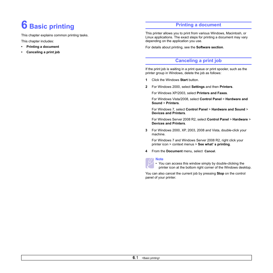 Basic printing, Printing a document, Canceling a print job | Printing a document canceling a print job | Samsung ML-4050ND User Manual | Page 35 / 110
