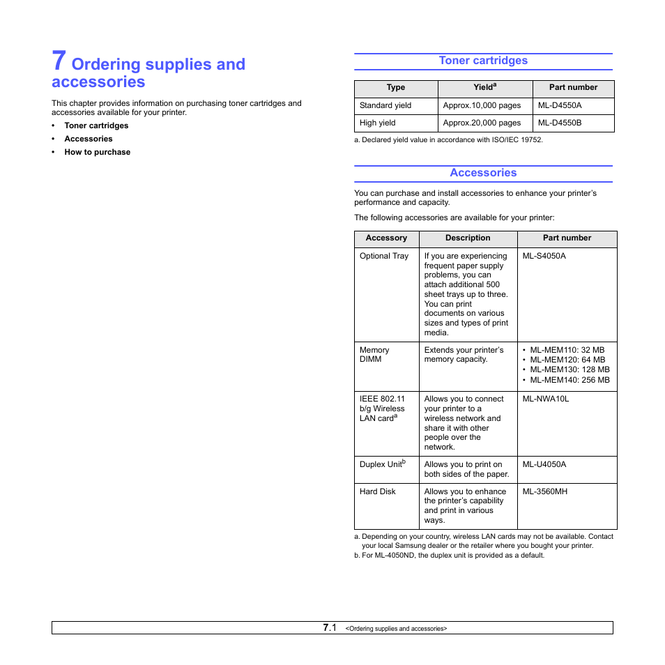 Ordering supplies and accessories, Toner cartridges, Accessories | Toner cartridges accessories | Samsung ML-4050ND User Manual | Page 36 / 110