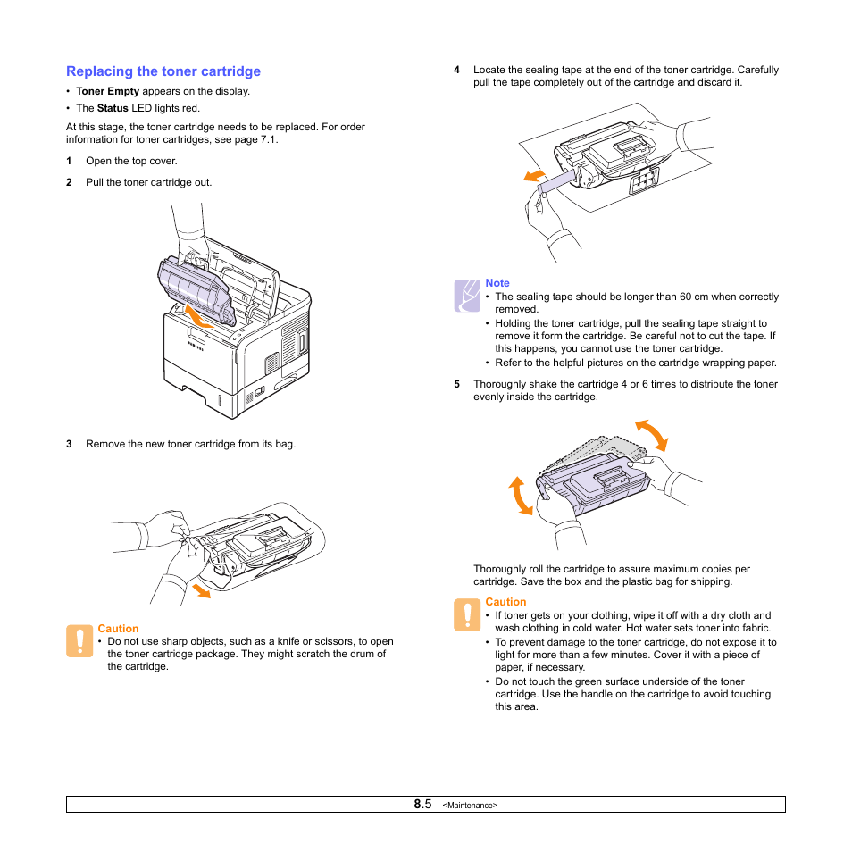 Replacing the toner cartridge | Samsung ML-4050ND User Manual | Page 42 / 110