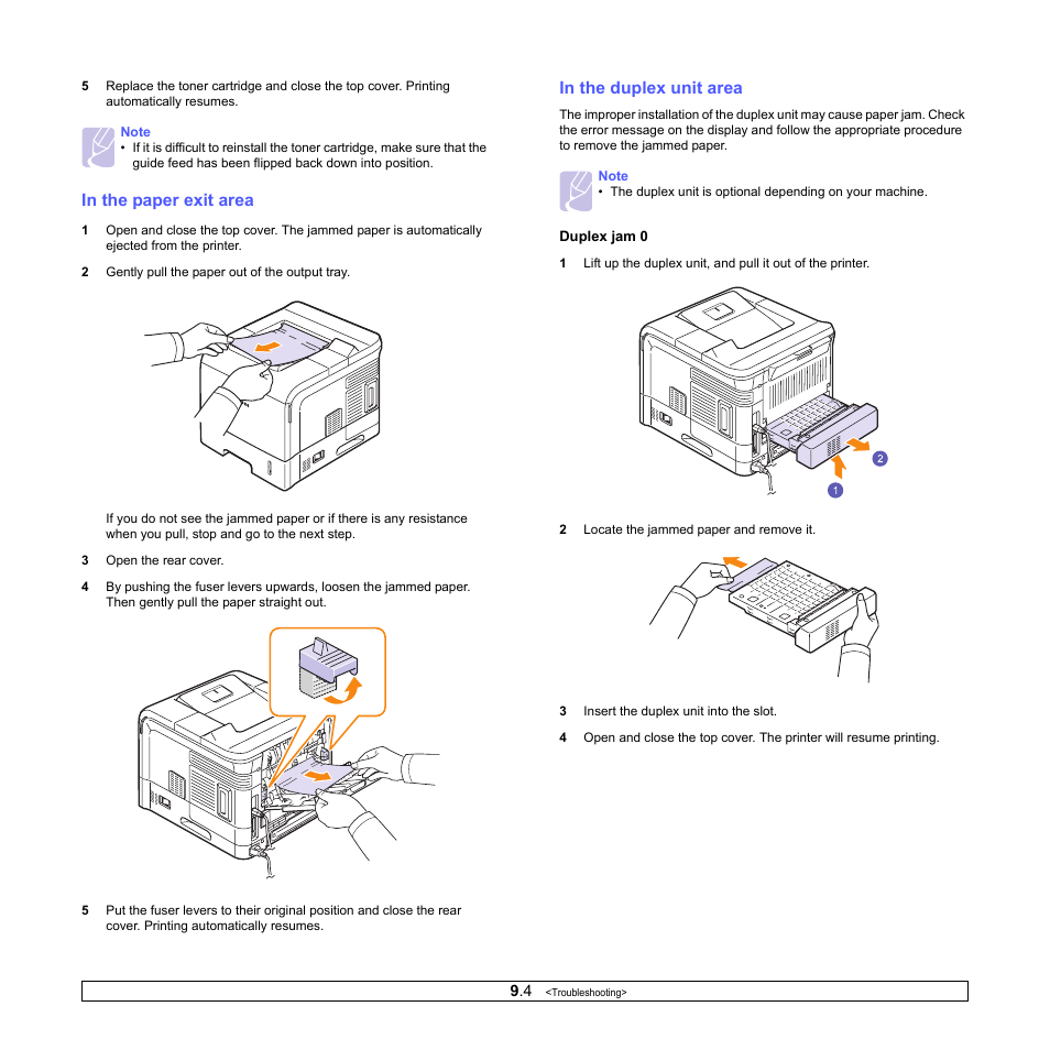 In the paper exit area, In the duplex unit area | Samsung ML-4050ND User Manual | Page 47 / 110