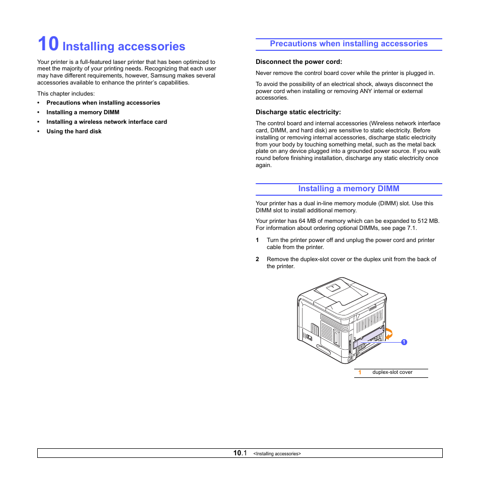 Installing accessories, Precautions when installing accessories, Installing a memory dimm | Samsung ML-4050ND User Manual | Page 58 / 110