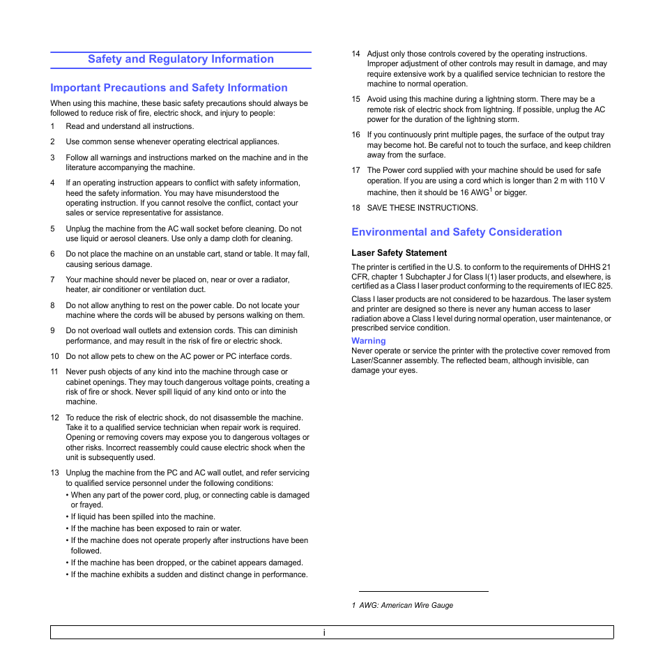 Safety and regulatory information, Important precautions and safety information, Environmental and safety consideration | Samsung ML-4050ND User Manual | Page 6 / 110