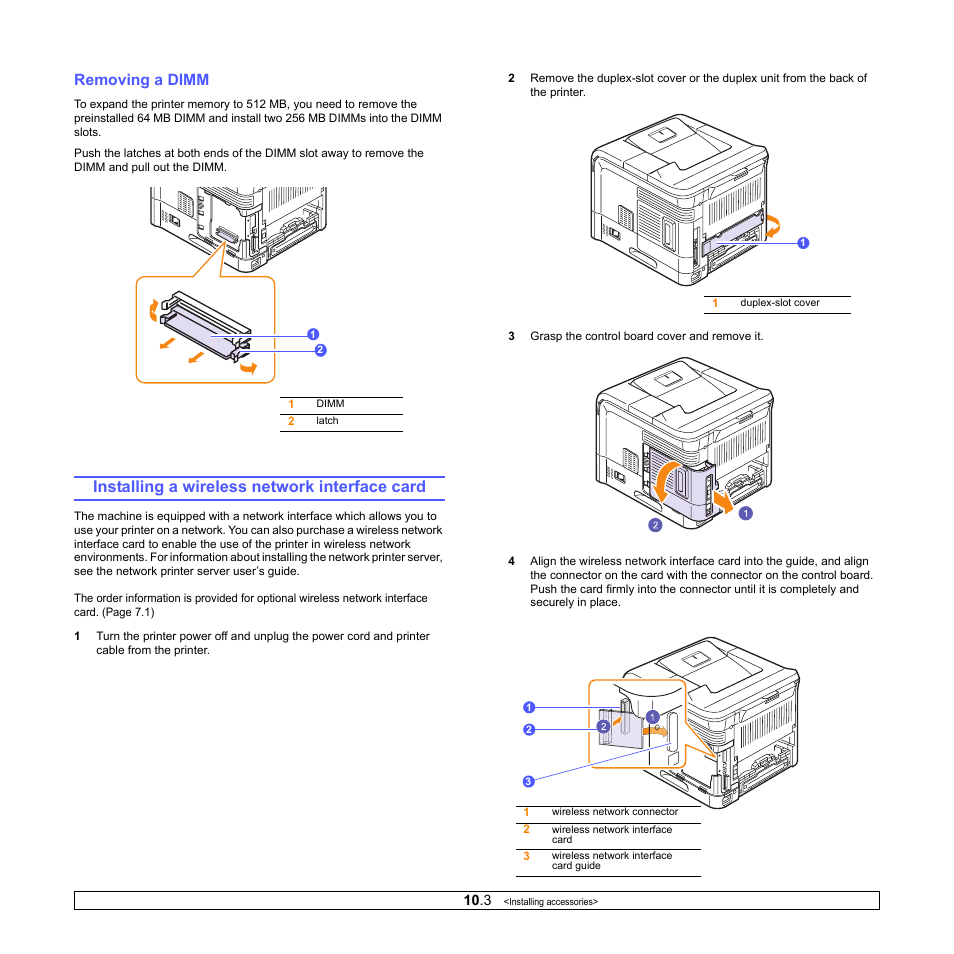 Removing a dimm, Installing a wireless network interface card | Samsung ML-4050ND User Manual | Page 60 / 110