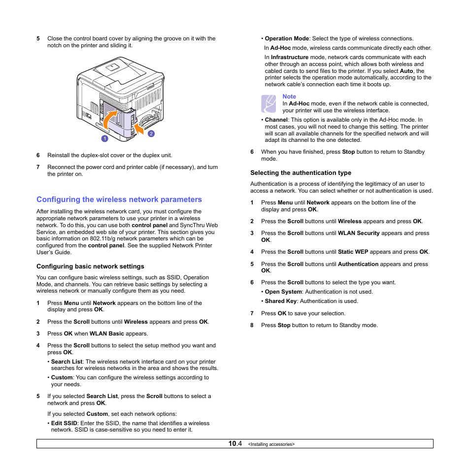 Configuring the wireless network parameters | Samsung ML-4050ND User Manual | Page 61 / 110