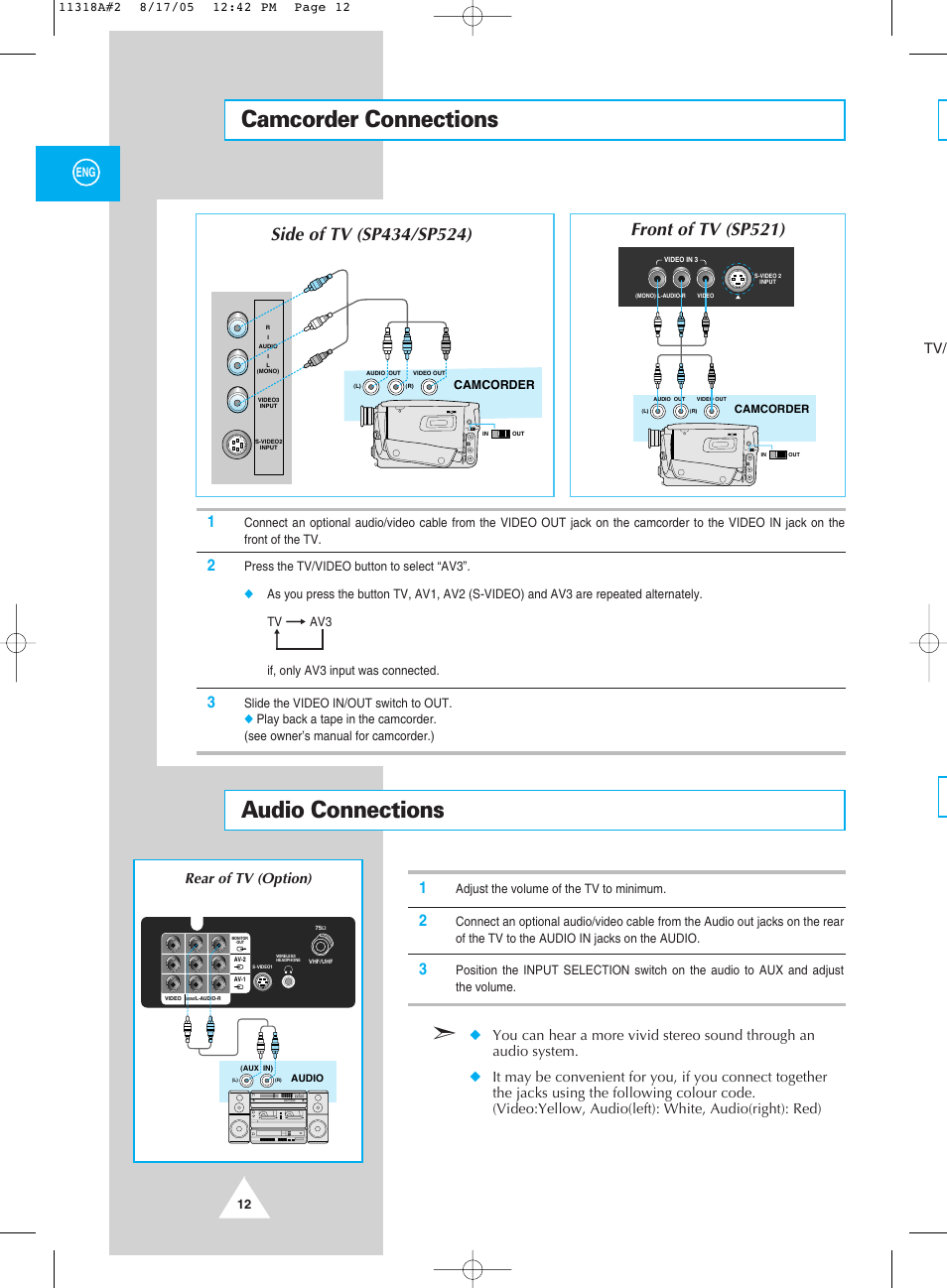 Camcorder connections, Audio connections | Samsung 521 User Manual | Page 12 / 40