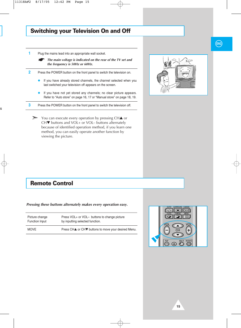 Switching your television on and off, Remote control | Samsung 521 User Manual | Page 15 / 40