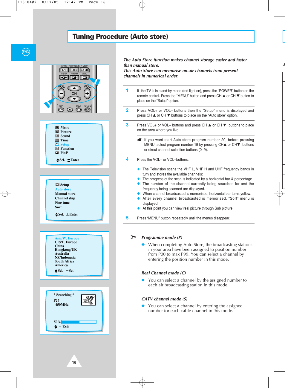 Tuning procedure (auto store) | Samsung 521 User Manual | Page 16 / 40