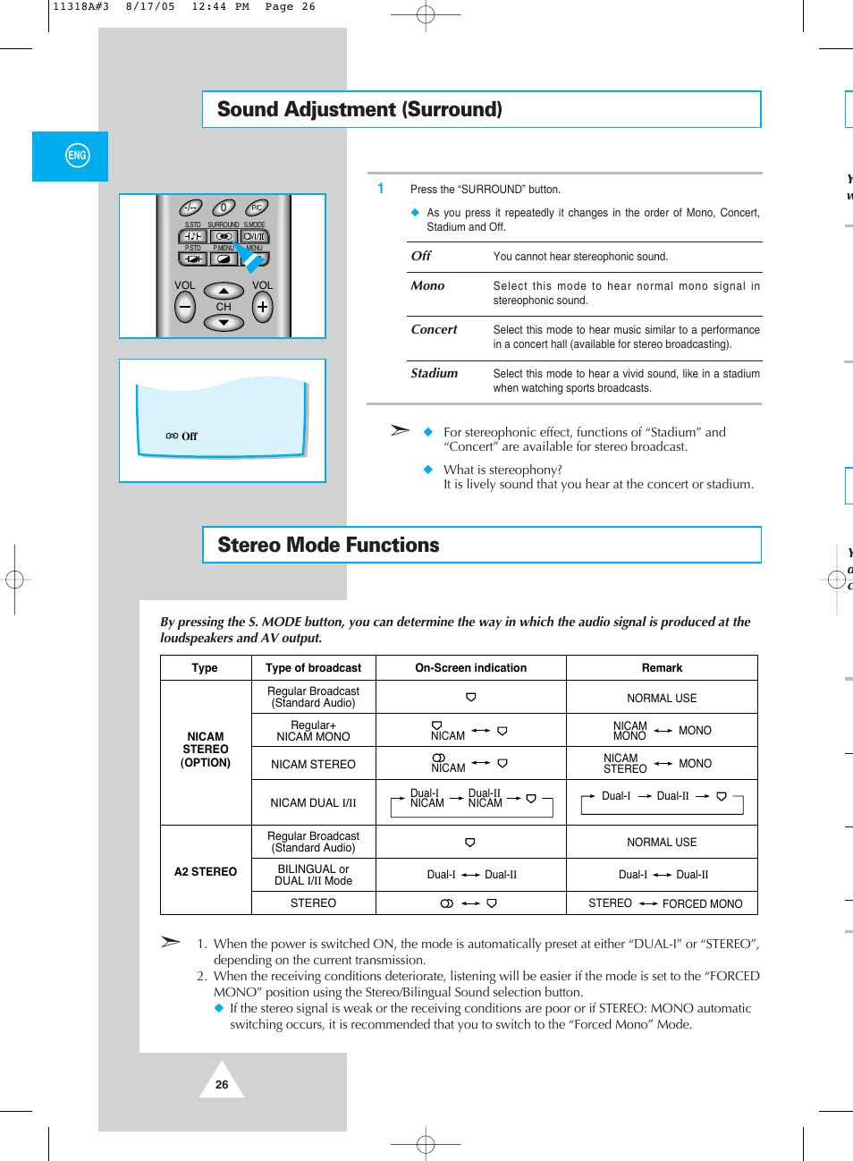 Sound adjustment (surround), Stereo mode functions, Sound adjustment (surround) stereo mode functions | Samsung 521 User Manual | Page 26 / 40