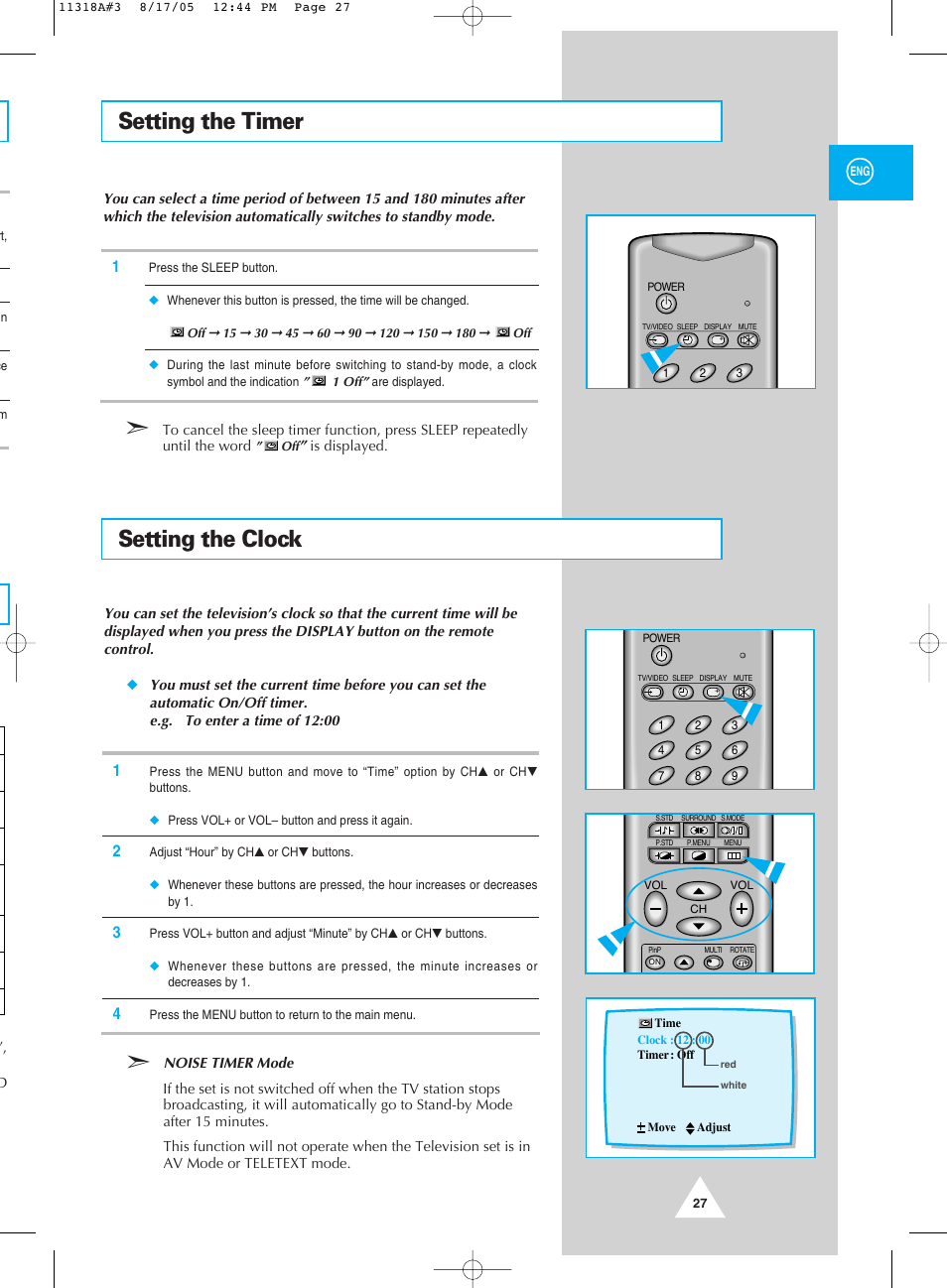Setting the timer, Setting the clock, Setting the timer setting the clock | Samsung 521 User Manual | Page 27 / 40