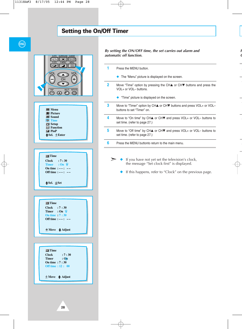 Setting the on/off timer | Samsung 521 User Manual | Page 28 / 40