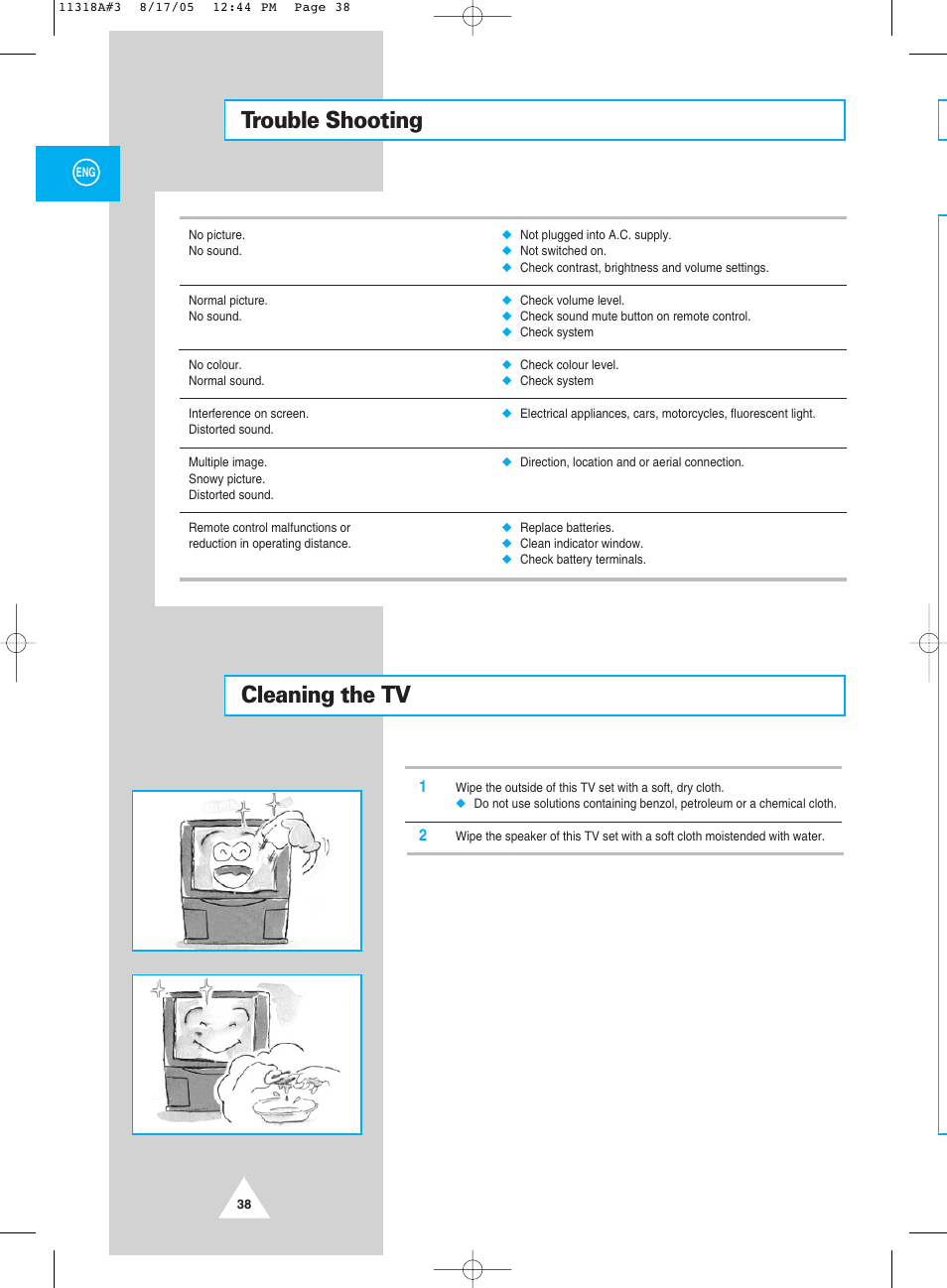 Trouble shooting, Cleaning the tv, Trouble shooting cleaning the tv | Samsung 521 User Manual | Page 38 / 40