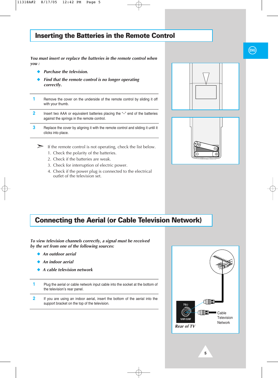 Inserting the batteries in the remote control | Samsung 521 User Manual | Page 5 / 40