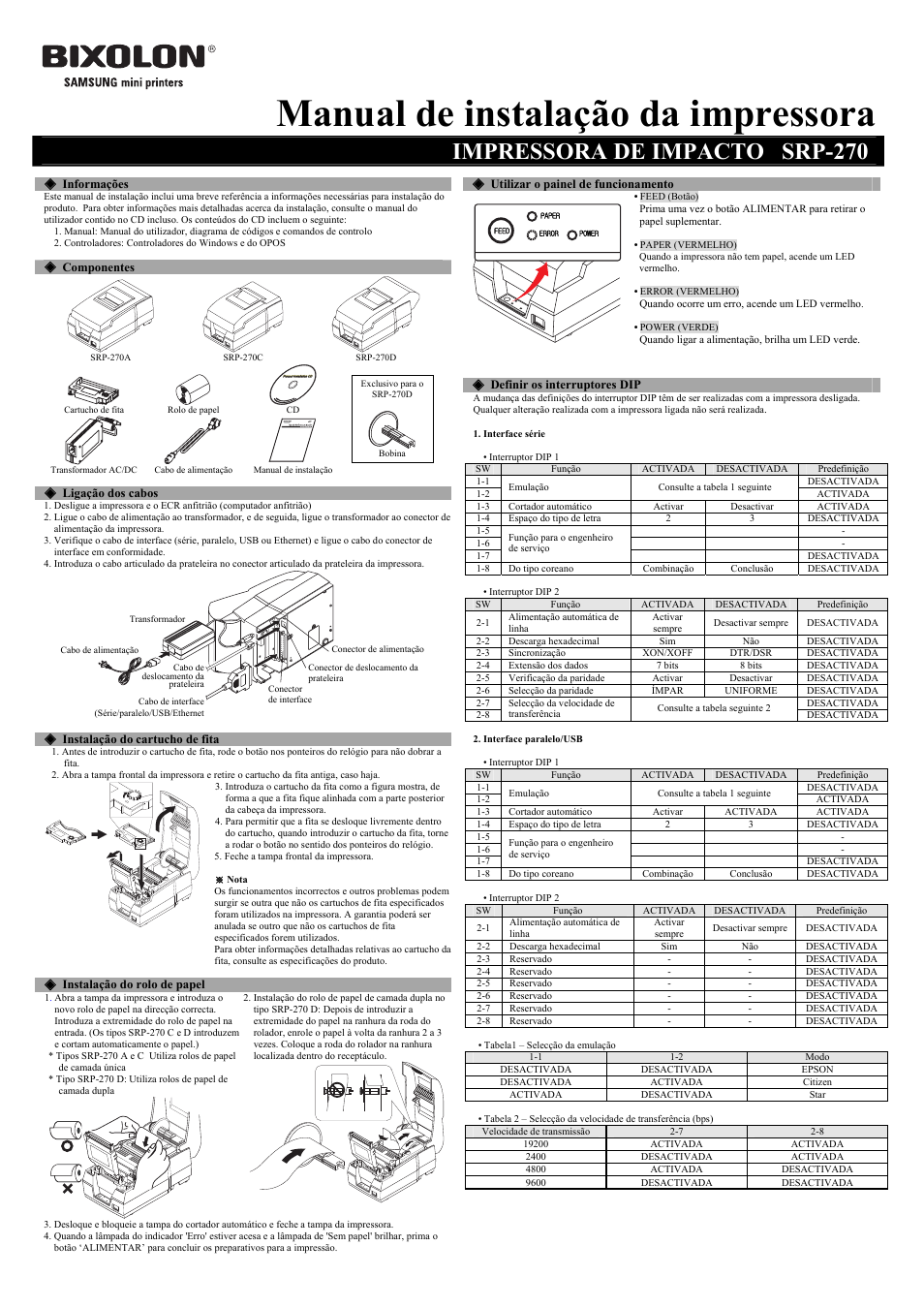 Manual de instalação da impressora, Impressora de impacto srp-270 | Samsung BIXOLON SRP-270 User Manual | Page 7 / 8