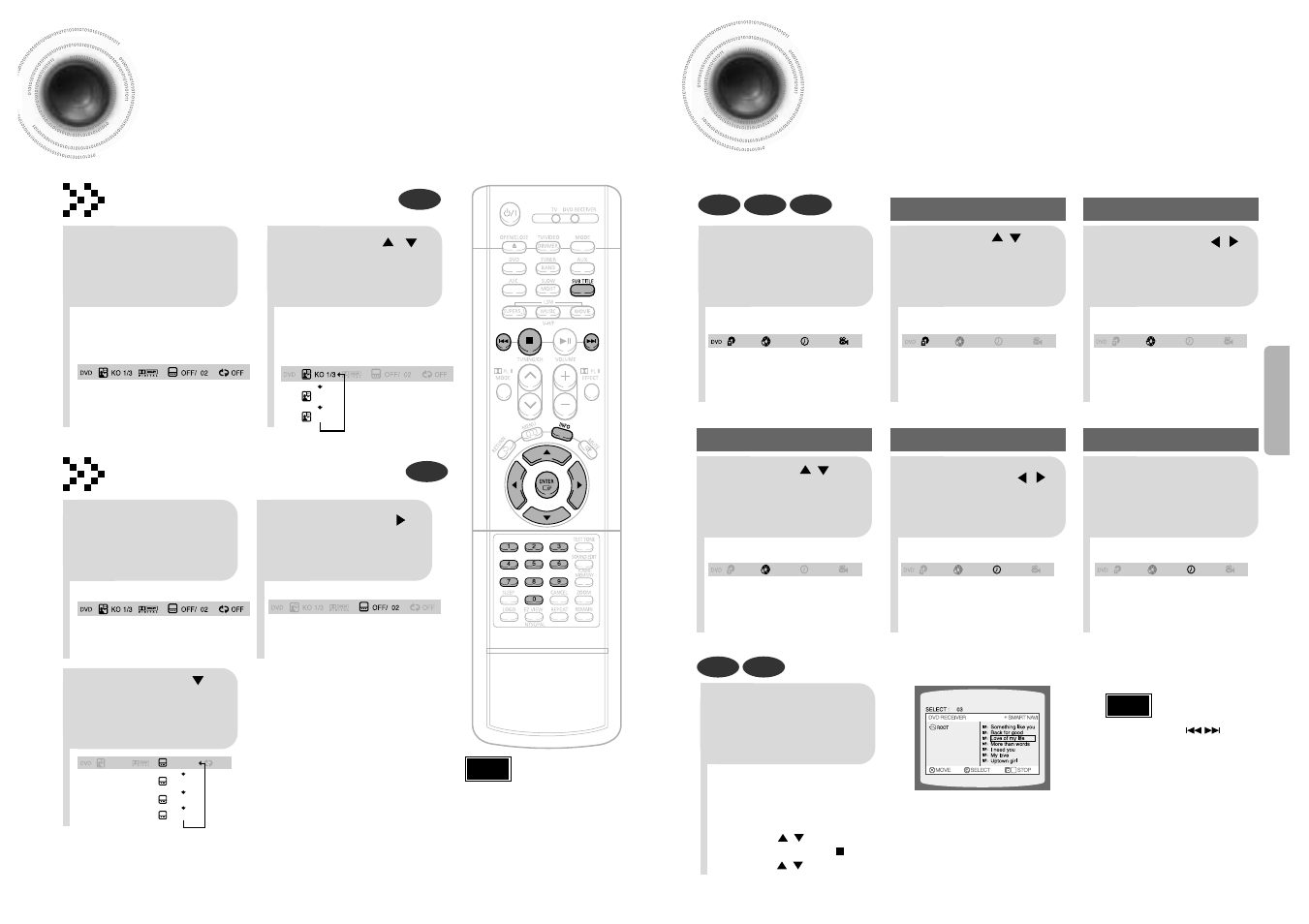 Selecting audio/subtitle language, Moving directly to a scene/song, 28 moving directly to a scene/song | 27 selecting audio/subtitle language, Audio language selection function, Subtitle language selection function | Samsung HT-DB1750 User Manual | Page 15 / 34