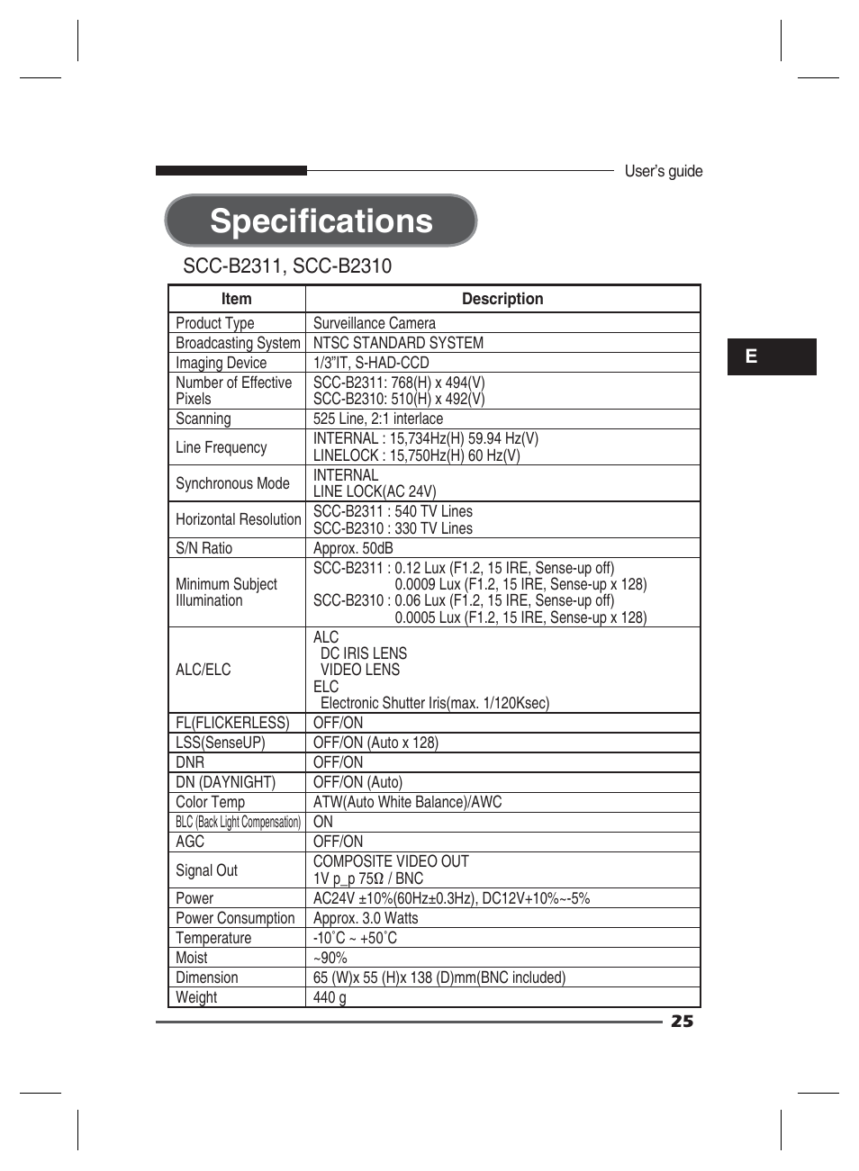 Specifications | Samsung SCC-B2311 User Manual | Page 25 / 28